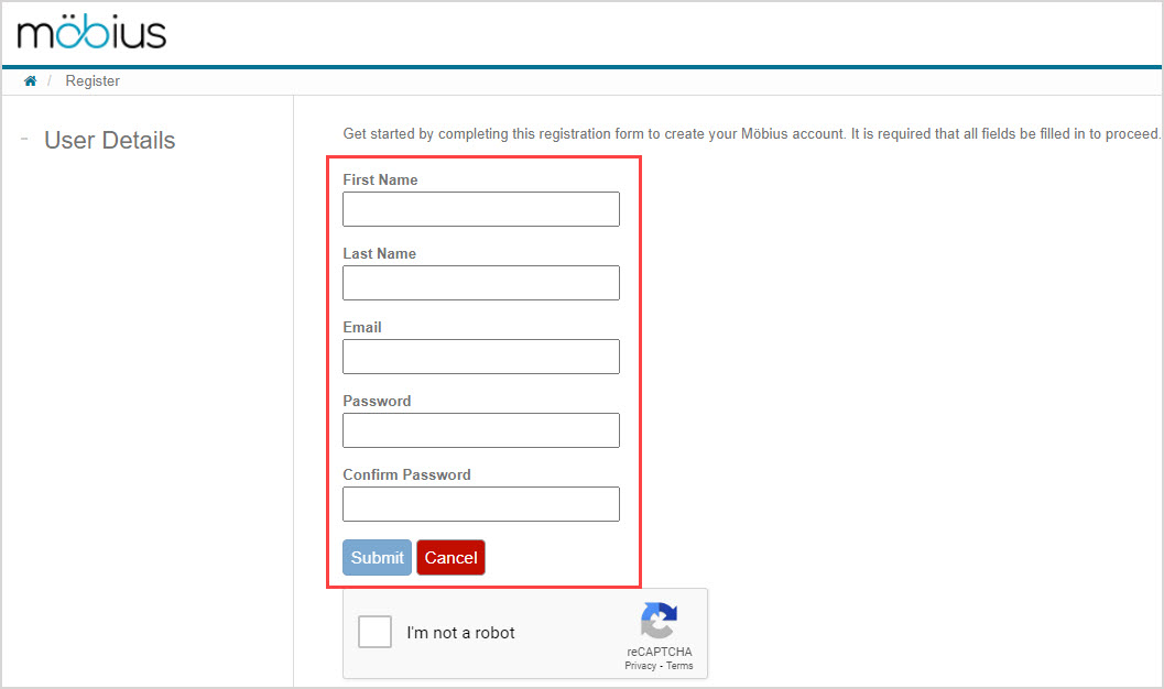 The registration form of the Register page.
